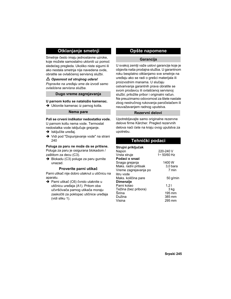 Otklanjanje smetnji, Opšte napomene, Tehnički podaci | Karcher HDC advanced User Manual | Page 245 / 302
