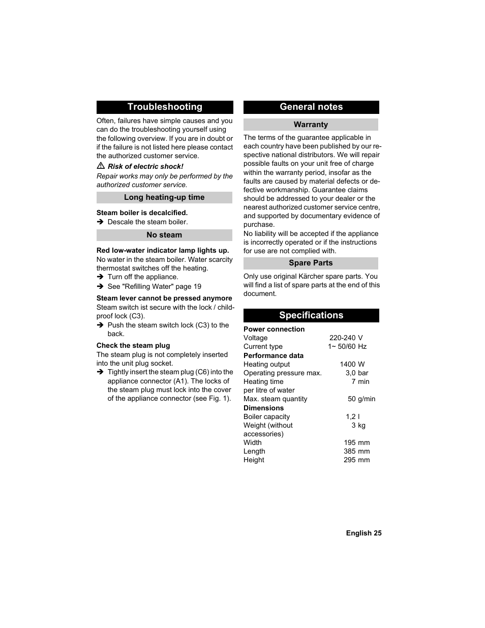 Troubleshooting, Specifications | Karcher HDC advanced User Manual | Page 25 / 302