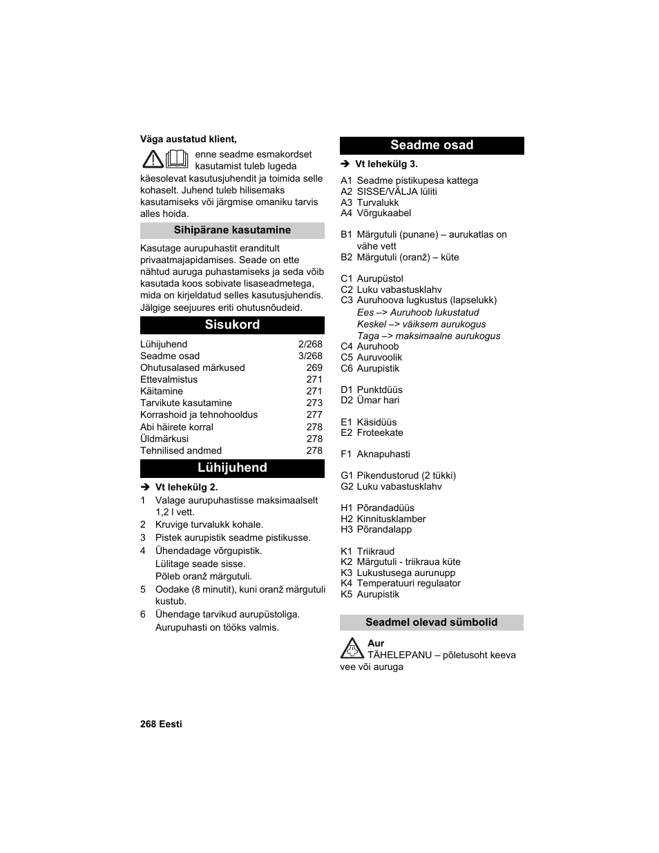 Sisukord lühijuhend seadme osad | Karcher HDC advanced User Manual | Page 268 / 302