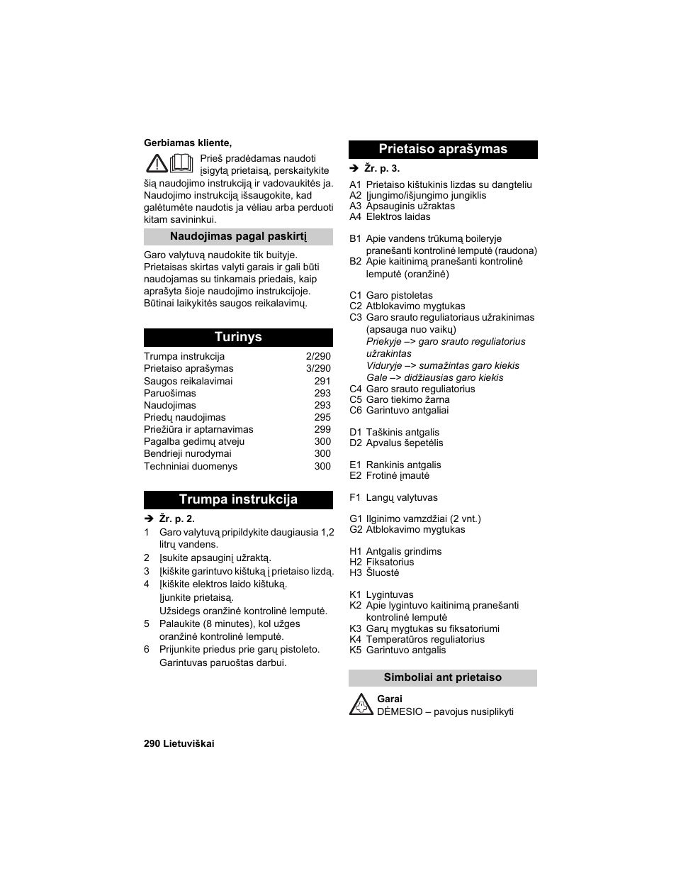 Turinys trumpa instrukcija prietaiso aprašymas | Karcher HDC advanced User Manual | Page 290 / 302