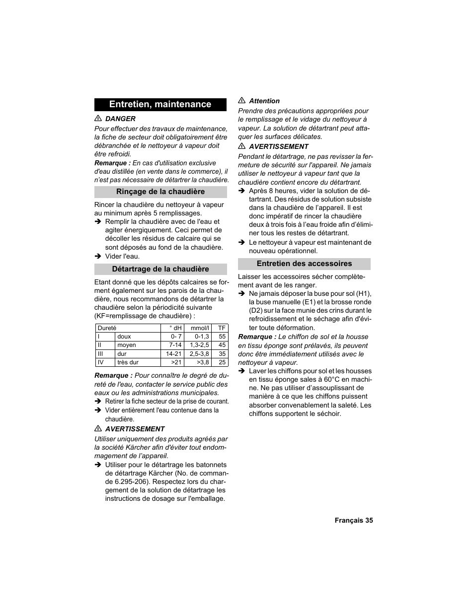 Entretien, maintenance | Karcher HDC advanced User Manual | Page 35 / 302