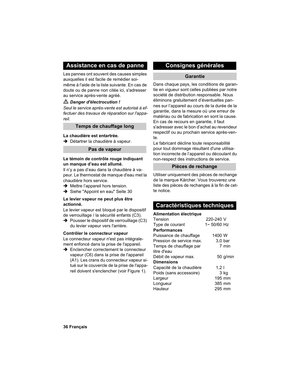 Assistance en cas de panne, Consignes générales, Caractéristiques techniques | Karcher HDC advanced User Manual | Page 36 / 302