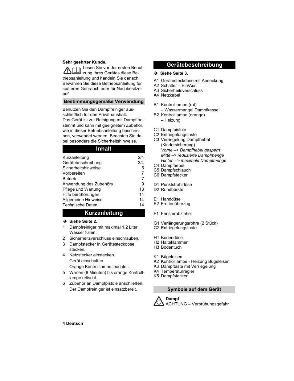 Inhalt kurzanleitung gerätebeschreibung | Karcher HDC advanced User Manual | Page 4 / 302