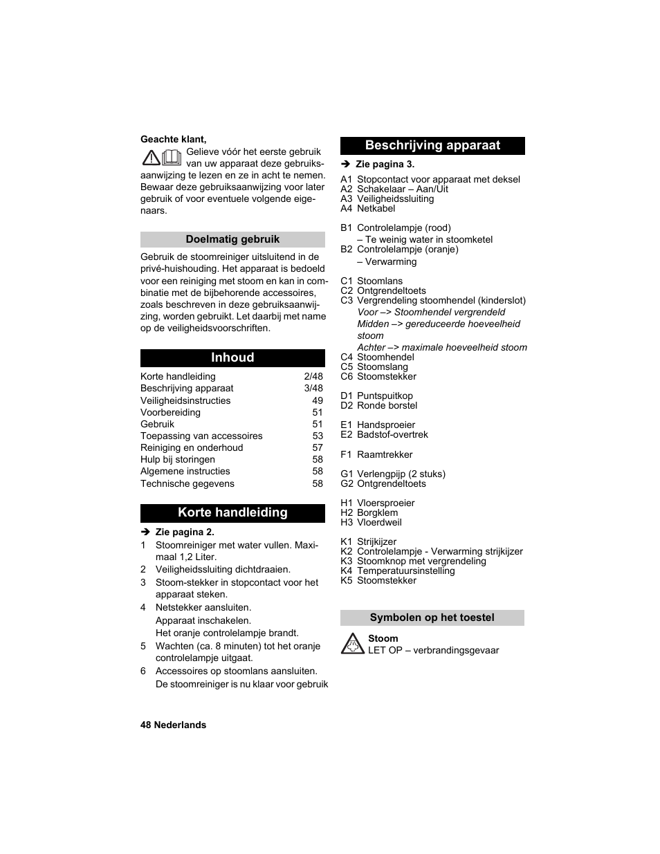 Inhoud korte handleiding beschrijving apparaat | Karcher HDC advanced User Manual | Page 48 / 302