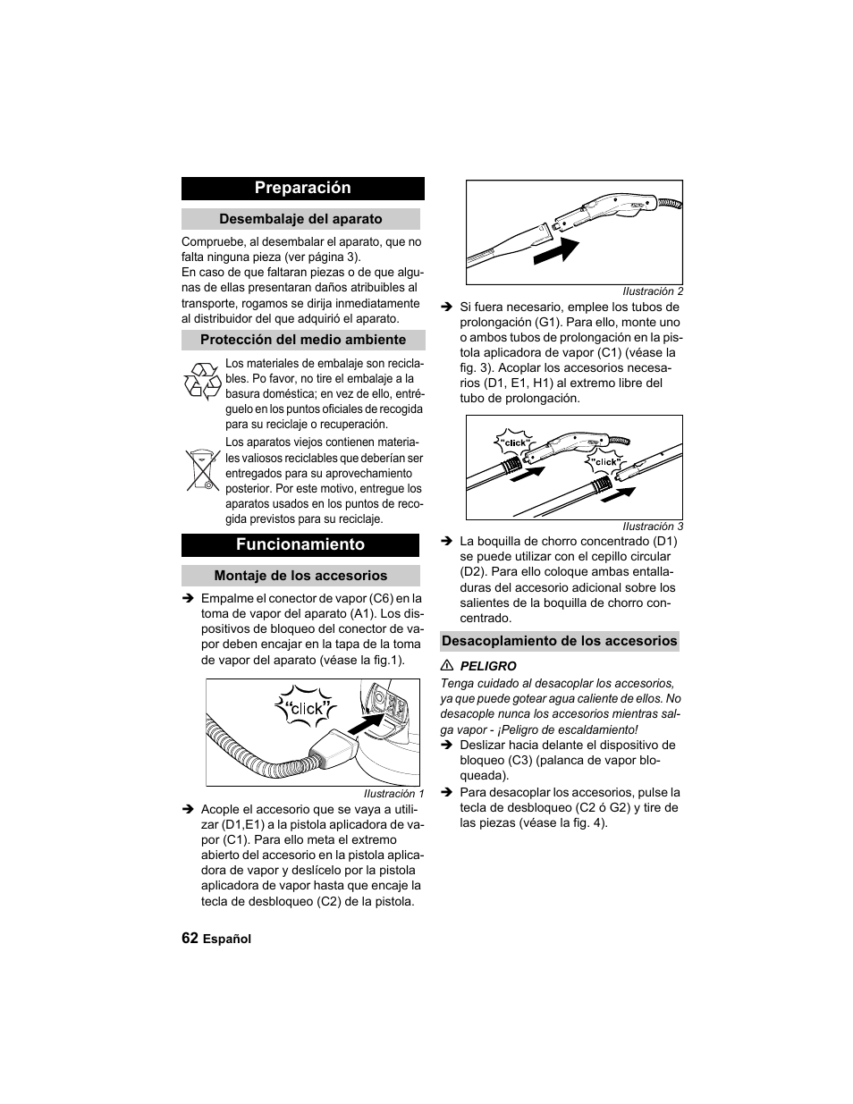 Preparación, Funcionamiento | Karcher HDC advanced User Manual | Page 62 / 302