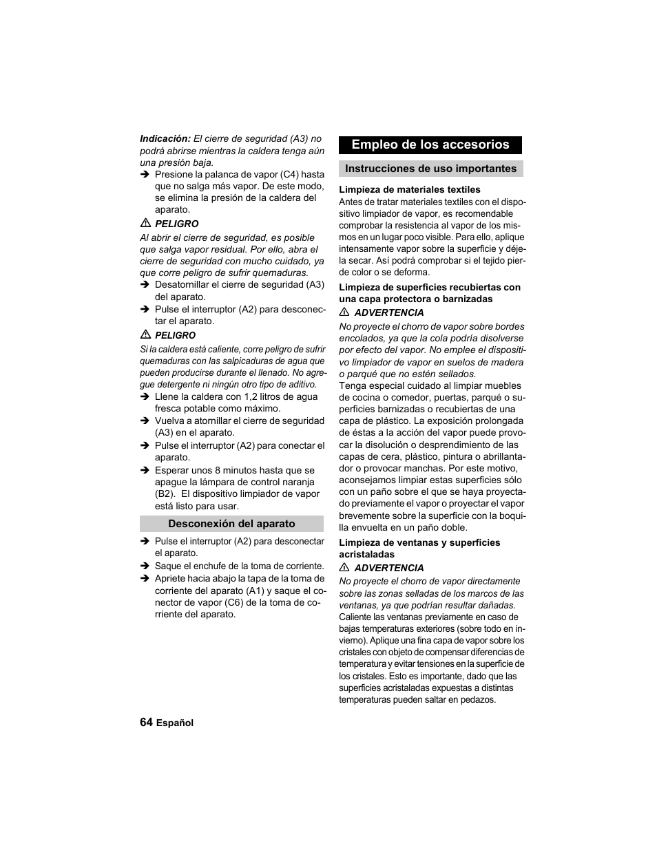 Empleo de los accesorios | Karcher HDC advanced User Manual | Page 64 / 302