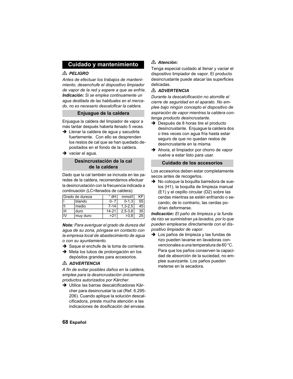 Cuidado y mantenimiento | Karcher HDC advanced User Manual | Page 68 / 302