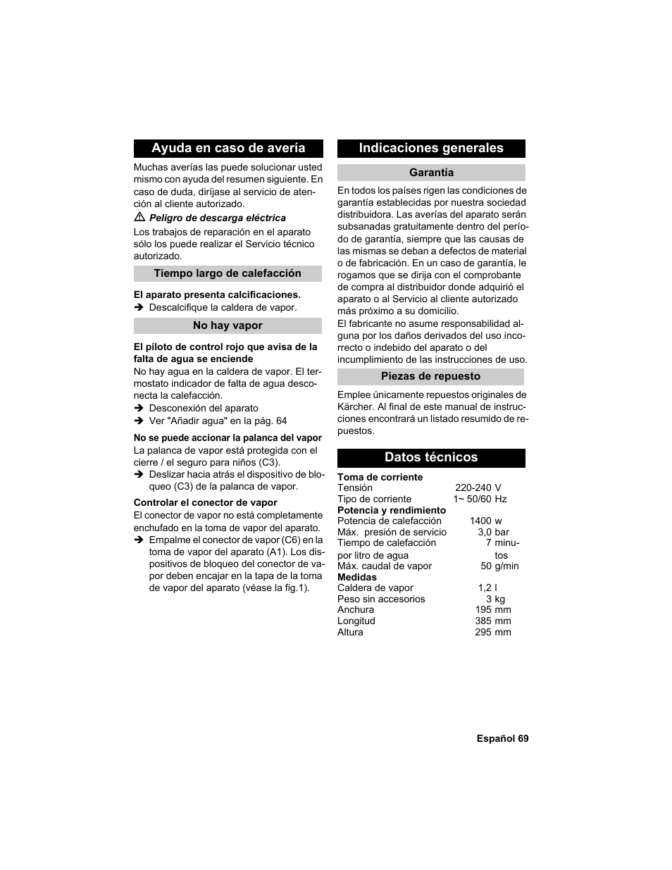 Ayuda en caso de avería, Indicaciones generales, Datos técnicos | Karcher HDC advanced User Manual | Page 69 / 302