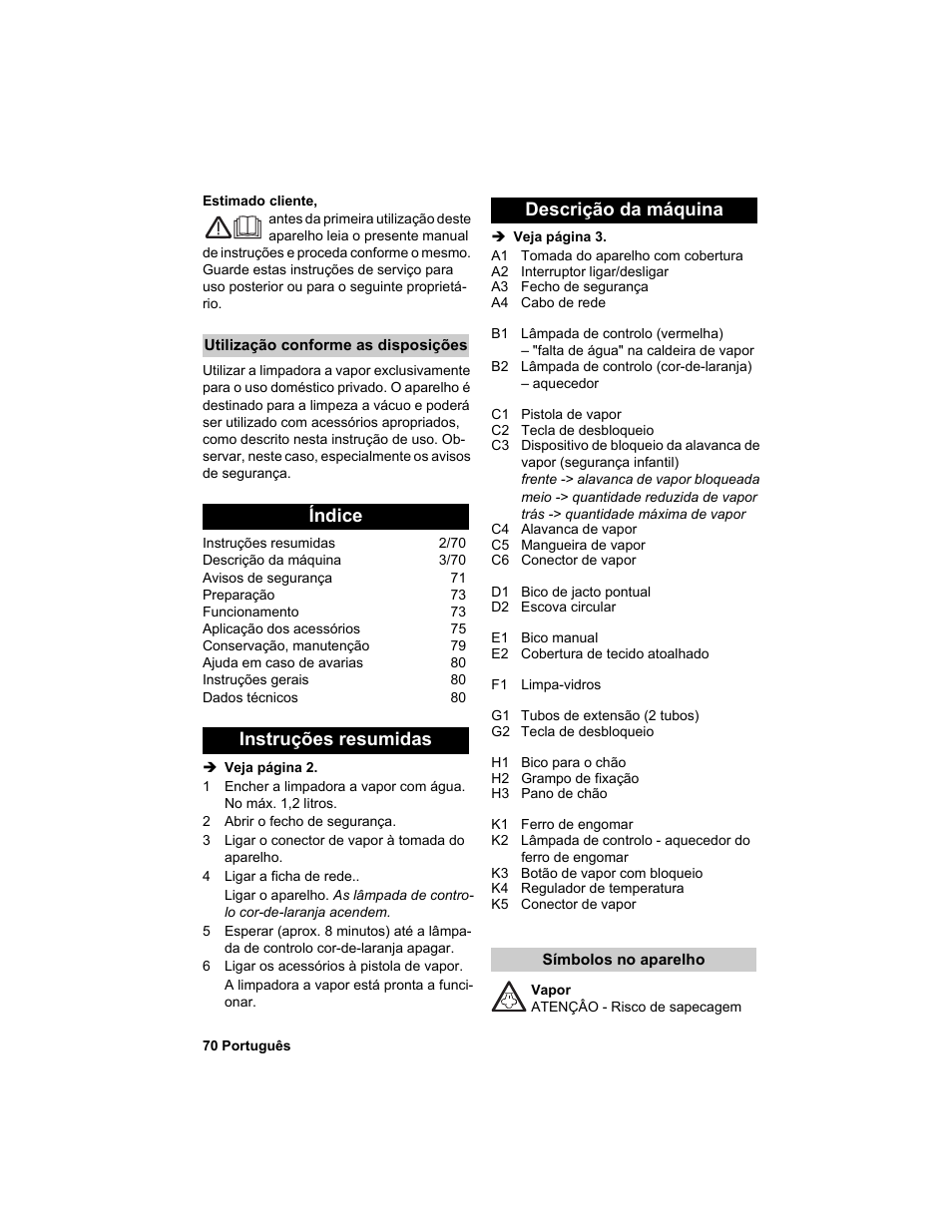 Índice instruções resumidas descrição da máquina | Karcher HDC advanced User Manual | Page 70 / 302
