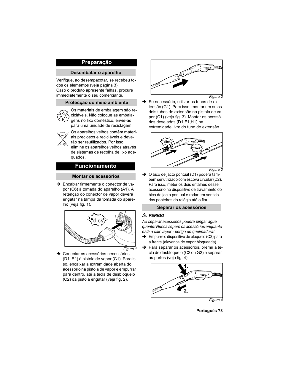 Preparação, Funcionamento | Karcher HDC advanced User Manual | Page 73 / 302