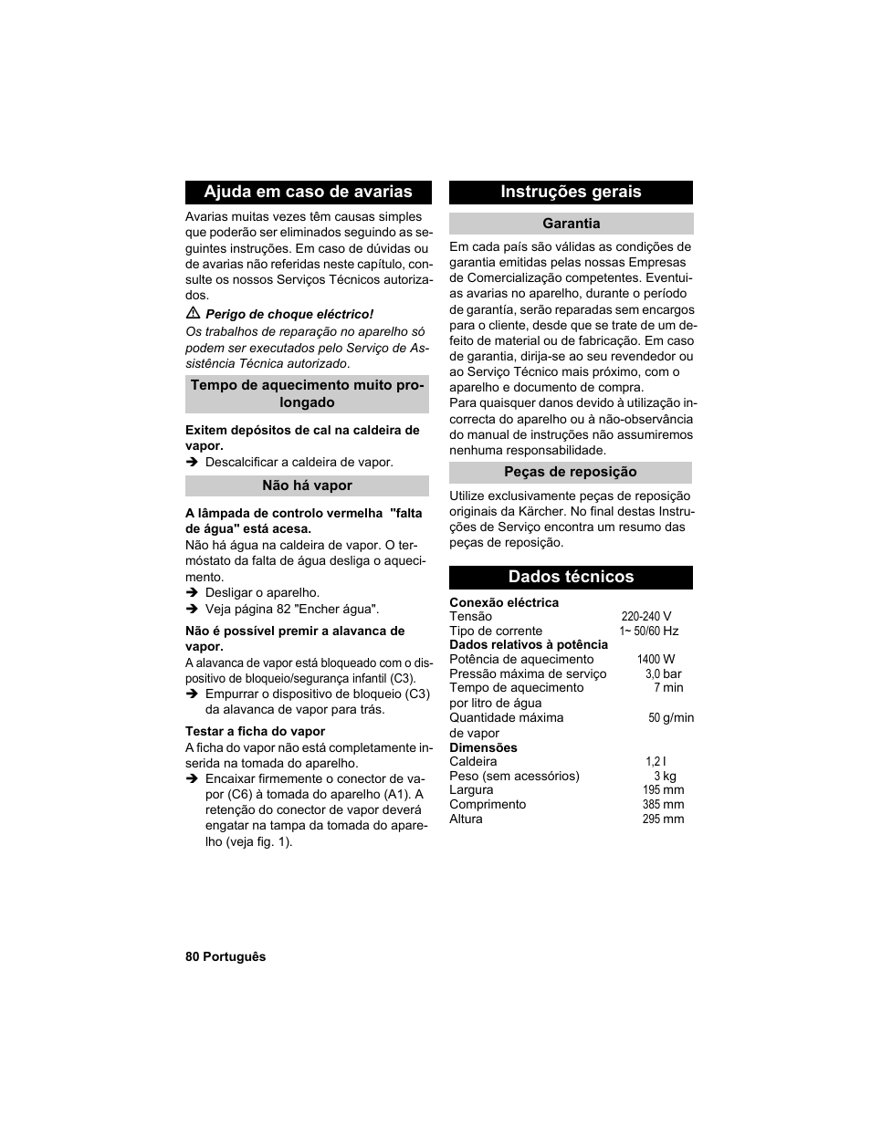 Ajuda em caso de avarias, Instruções gerais, Dados técnicos | Karcher HDC advanced User Manual | Page 80 / 302