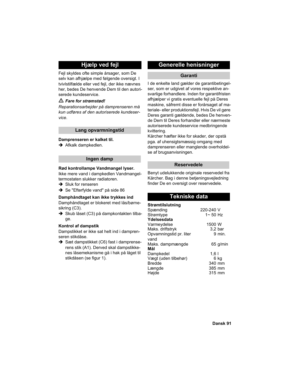 Hjælp ved fejl, Generelle henisninger, Tekniske data | Karcher HDC advanced User Manual | Page 91 / 302