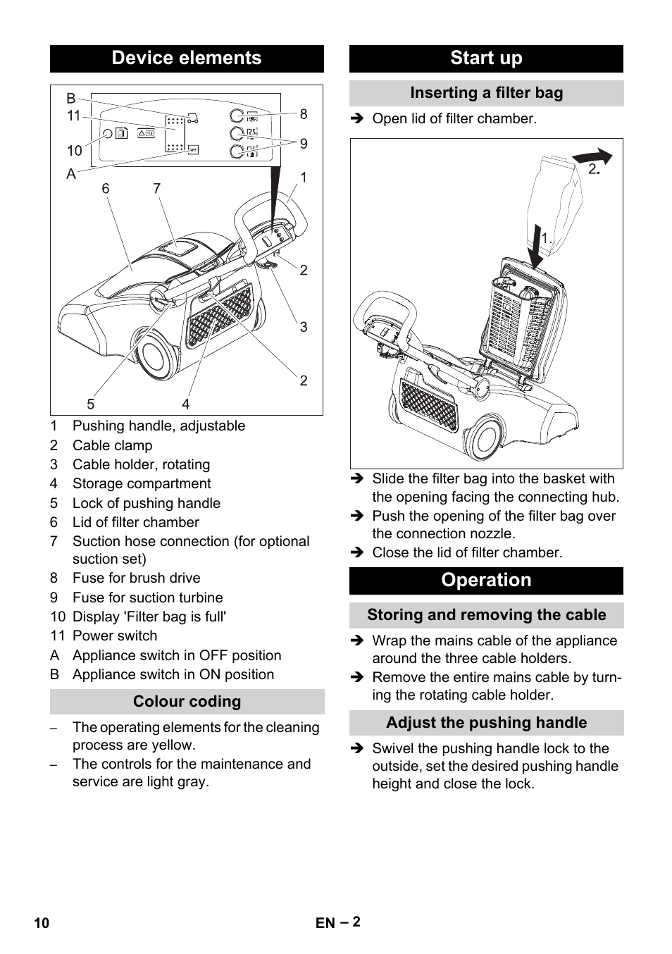 Device elements, Colour coding, Start up | Inserting a filter bag, Operation, Storing and removing the cable, Adjust the pushing handle | Karcher CV 66-2 User Manual | Page 10 / 172