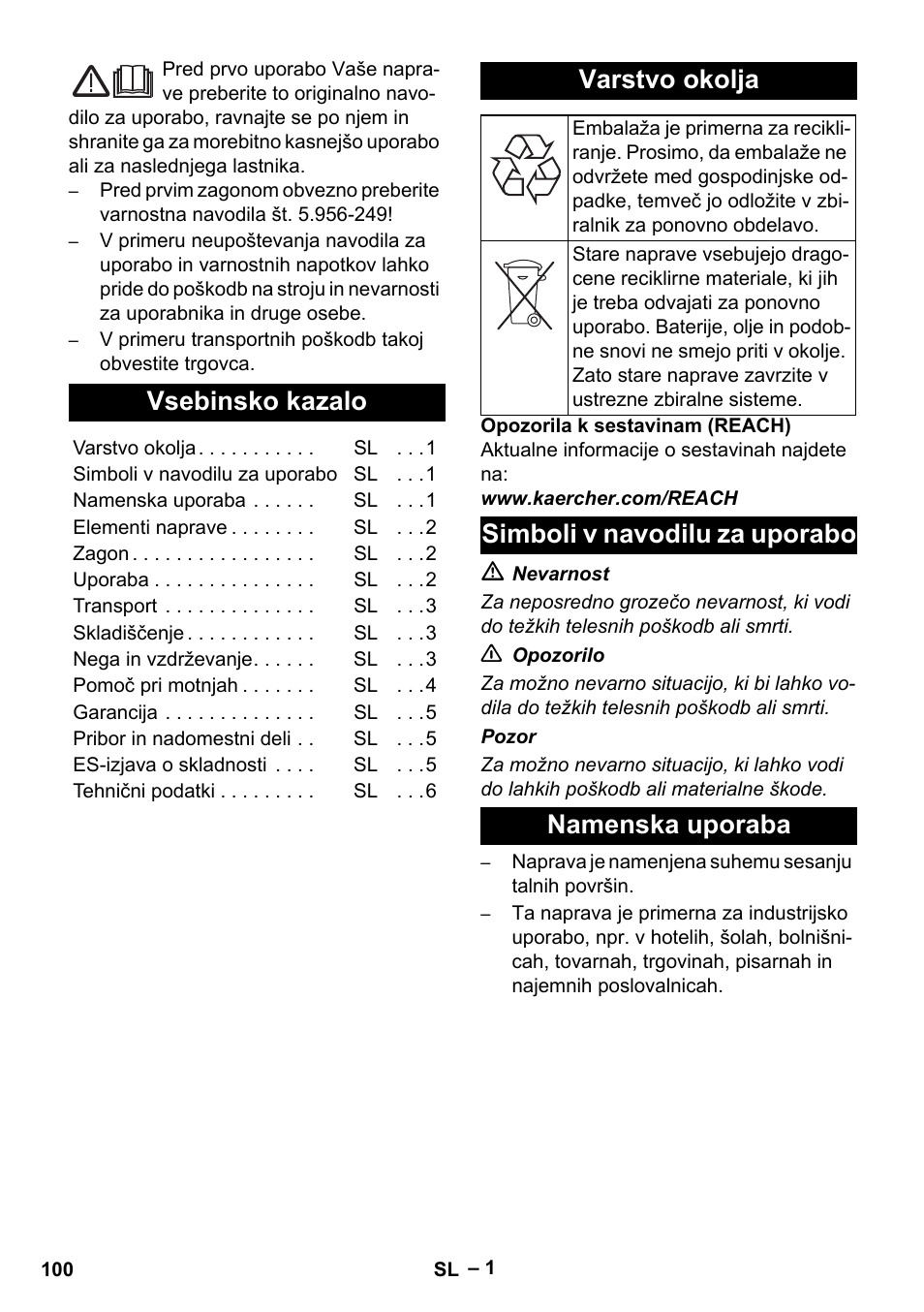 Slovenščina, Vsebinsko kazalo, Varstvo okolja | Simboli v navodilu za uporabo, Namenska uporaba, Simboli v navodilu za uporabo namenska uporaba | Karcher CV 66-2 User Manual | Page 100 / 172