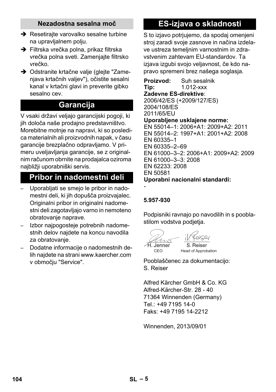 Nezadostna sesalna moč, Garancija, Pribor in nadomestni deli | Es-izjava o skladnosti | Karcher CV 66-2 User Manual | Page 104 / 172