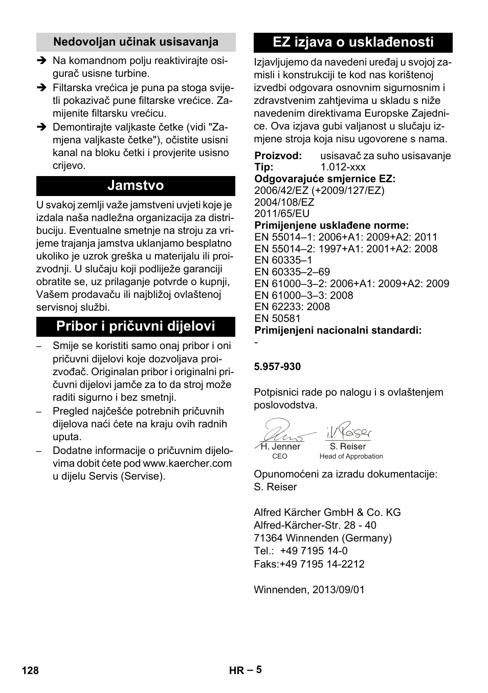 Nedovoljan učinak usisavanja, Jamstvo, Pribor i pričuvni dijelovi | Ez izjava o usklađenosti | Karcher CV 66-2 User Manual | Page 128 / 172