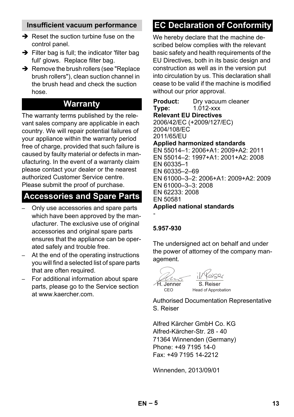 Insufficient vacuum performance, Warranty, Accessories and spare parts | Ec declaration of conformity | Karcher CV 66-2 User Manual | Page 13 / 172