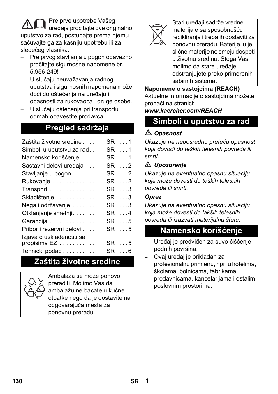 Srpski, Pregled sadržaja, Zaštita životne sredine | Simboli u uputstvu za rad, Namensko korišćenje, Simboli u uputstvu za rad namensko korišćenje | Karcher CV 66-2 User Manual | Page 130 / 172