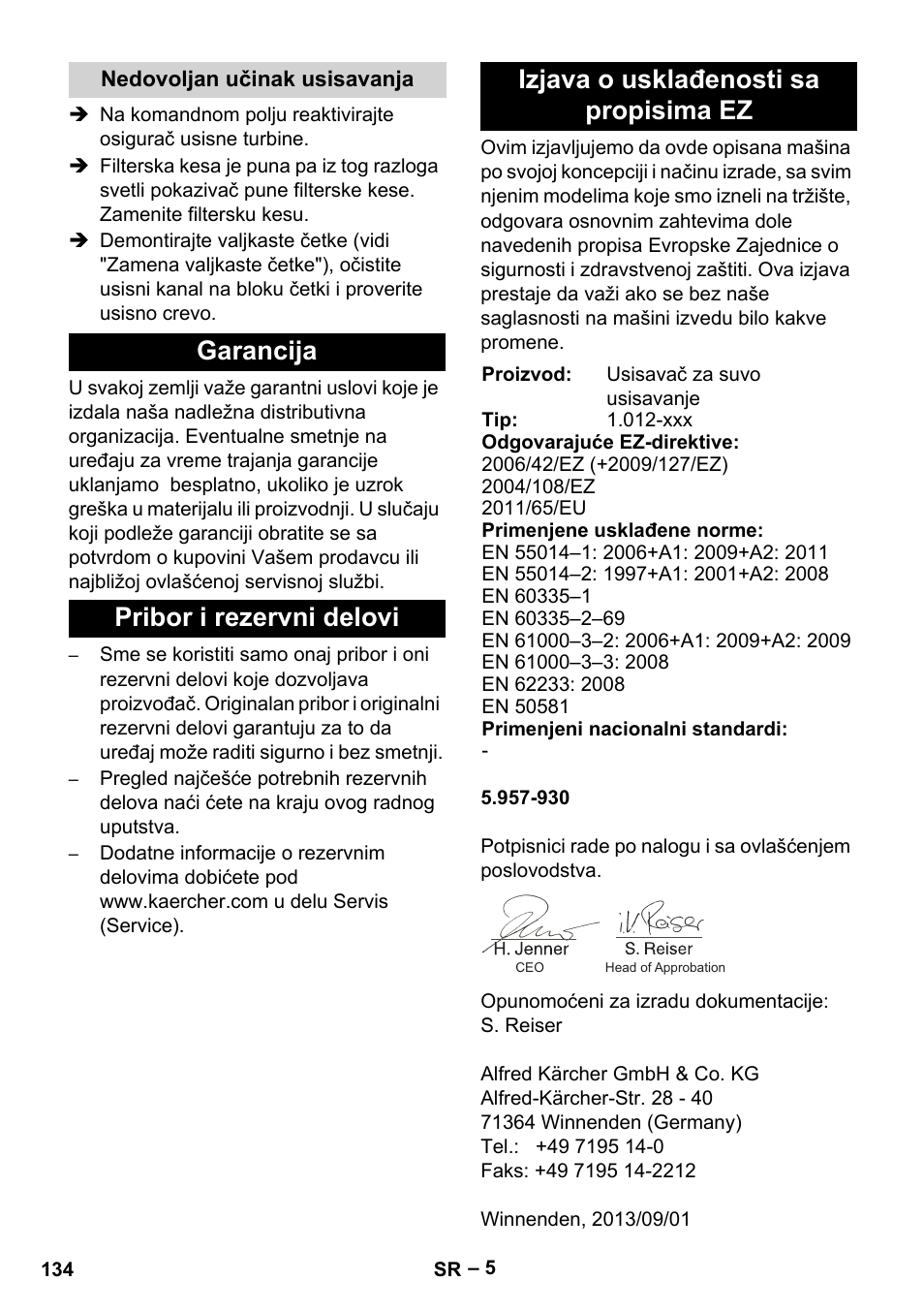 Nedovoljan učinak usisavanja, Garancija, Pribor i rezervni delovi | Izjava o usklađenosti sa propisima ez | Karcher CV 66-2 User Manual | Page 134 / 172