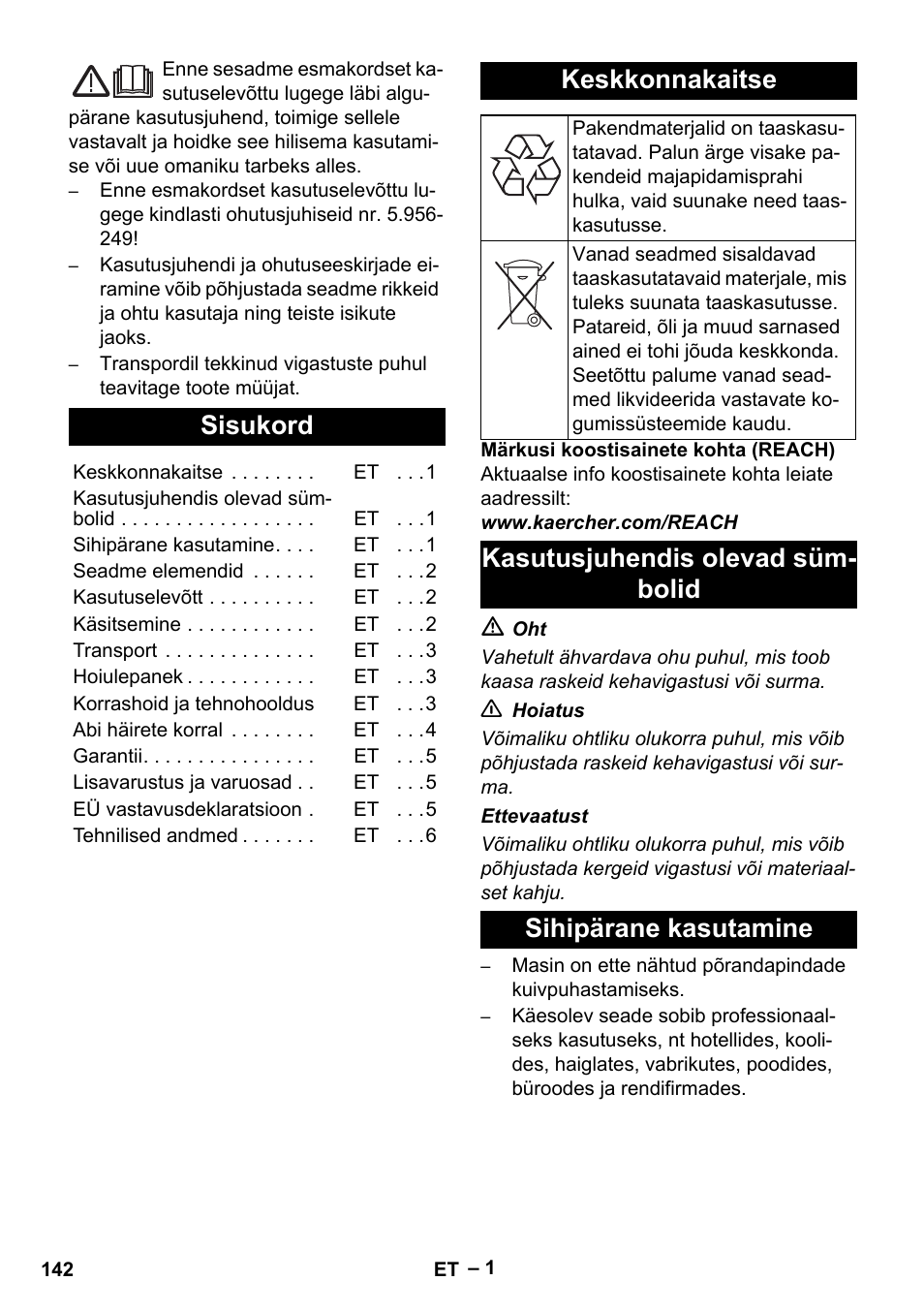 Eesti, Sisukord, Keskkonnakaitse | Kasutusjuhendis olevad sümbolid, Sihipärane kasutamine | Karcher CV 66-2 User Manual | Page 142 / 172