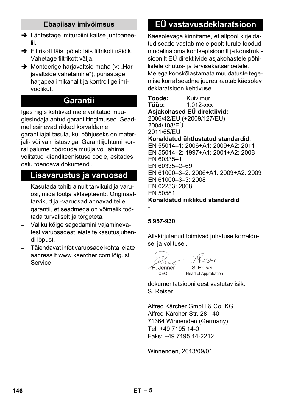 Ebapiisav imivõimsus, Garantii, Lisavarustus ja varuosad | Eü vastavusdeklaratsioon | Karcher CV 66-2 User Manual | Page 146 / 172