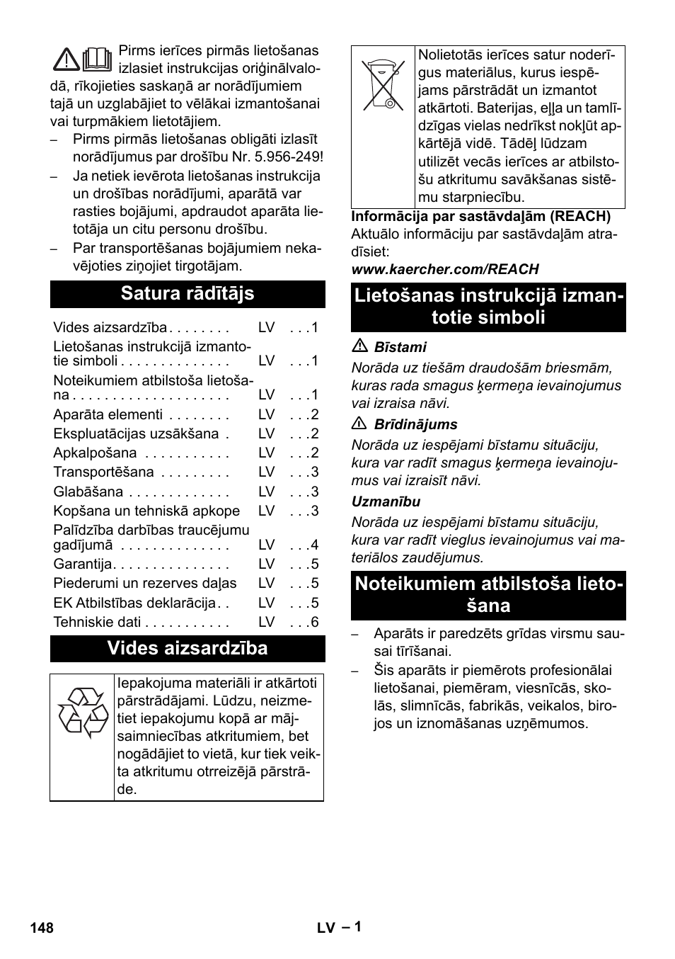 Latviešu, Satura rādītājs, Vides aizsardzība | Lietošanas instrukcijā izmantotie simboli, Noteikumiem atbilstoša lietošana | Karcher CV 66-2 User Manual | Page 148 / 172