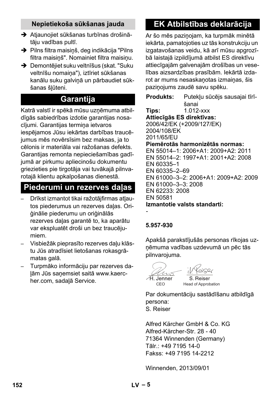 Nepietiekoša sūkšanas jauda, Garantija, Piederumi un rezerves daļas | Ek atbilstības deklarācija | Karcher CV 66-2 User Manual | Page 152 / 172