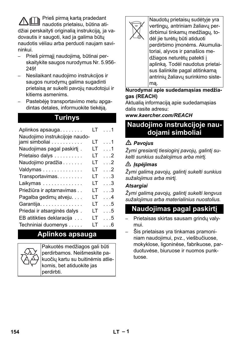 Lietuviškai, Turinys, Aplinkos apsauga | Naudojimo instrukcijoje naudojami simboliai, Naudojimas pagal paskirtį | Karcher CV 66-2 User Manual | Page 154 / 172