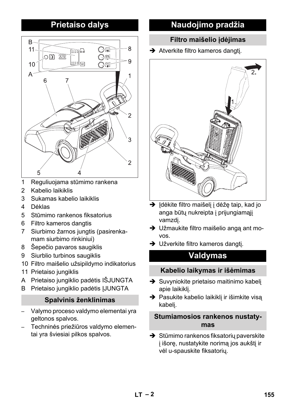 Prietaiso dalys, Spalvinis ženklinimas, Naudojimo pradžia | Filtro maišelio įdėjimas, Valdymas, Kabelio laikymas ir išėmimas, Stumiamosios rankenos nustatymas | Karcher CV 66-2 User Manual | Page 155 / 172