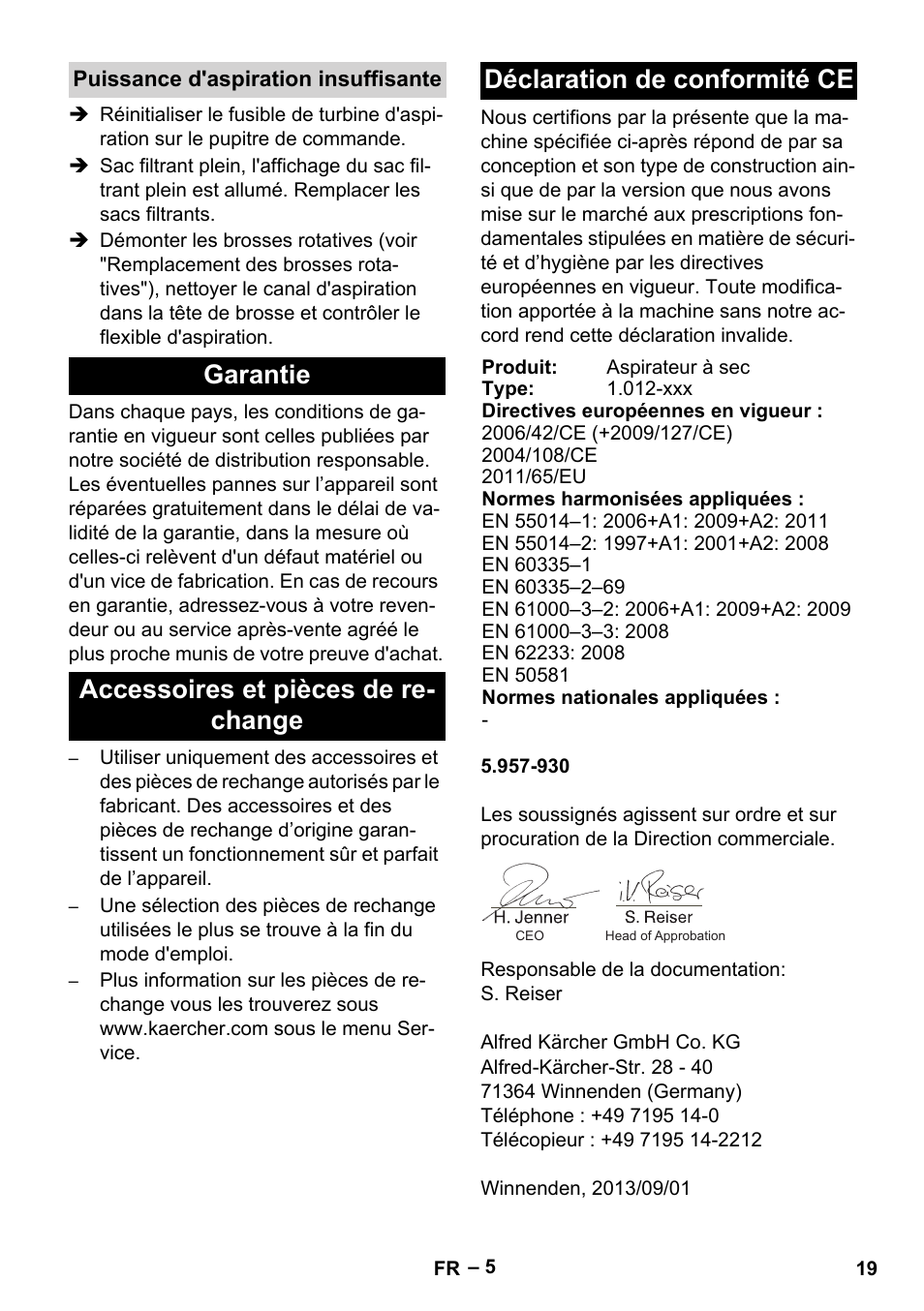 Puissance d'aspiration insuffisante, Garantie, Accessoires et pièces de rechange | Déclaration de conformité ce | Karcher CV 66-2 User Manual | Page 19 / 172