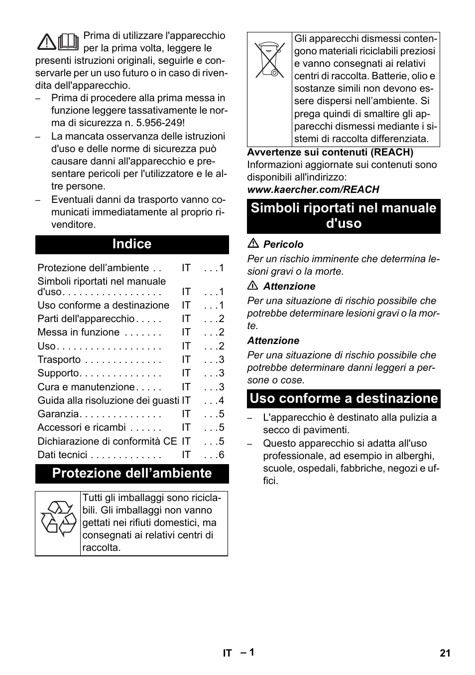 Italiano, Indice, Protezione dell’ambiente | Simboli riportati nel manuale d'uso, Uso conforme a destinazione | Karcher CV 66-2 User Manual | Page 21 / 172