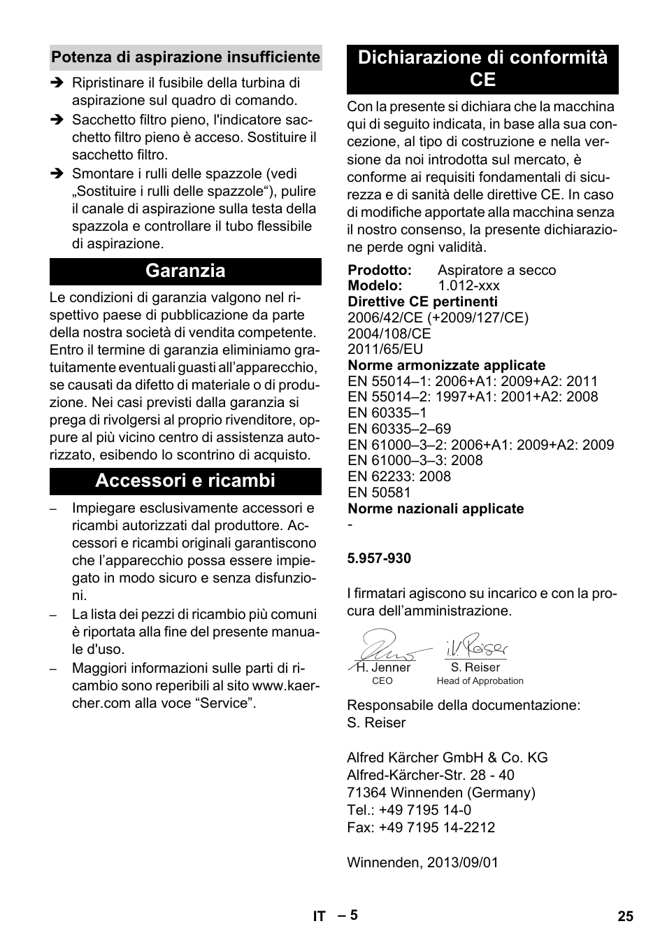 Potenza di aspirazione insufficiente, Garanzia, Accessori e ricambi | Dichiarazione di conformità ce | Karcher CV 66-2 User Manual | Page 25 / 172