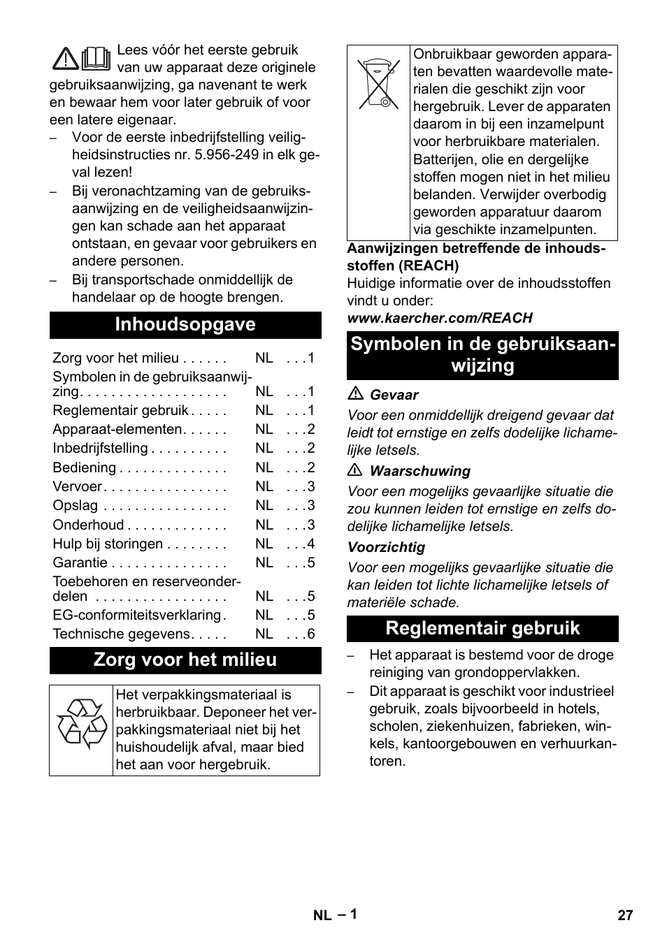 Nederlands, Inhoudsopgave, Zorg voor het milieu | Symbolen in de gebruiksaanwijzing, Reglementair gebruik | Karcher CV 66-2 User Manual | Page 27 / 172