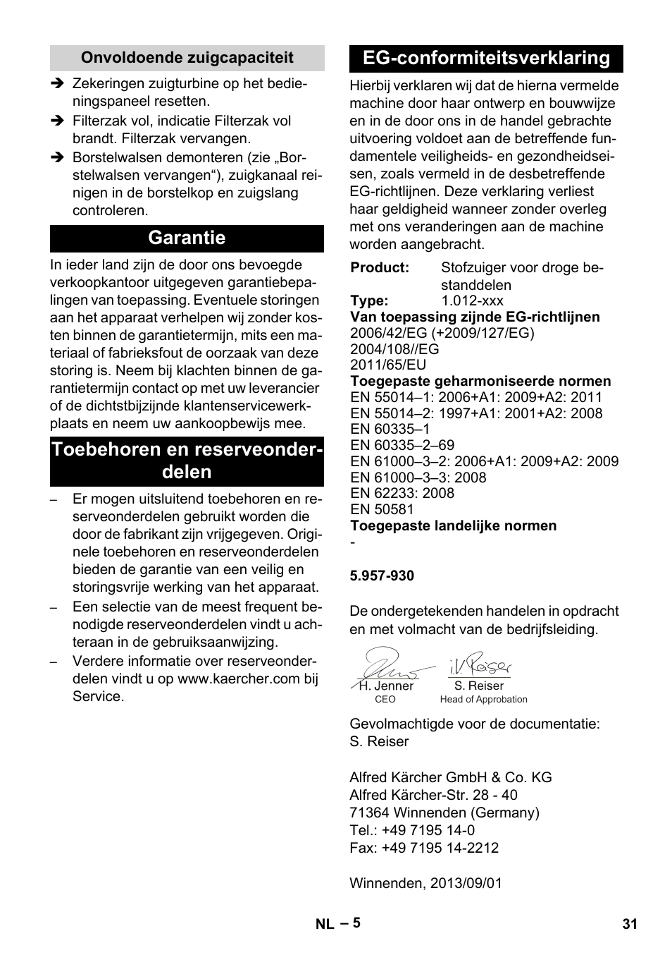 Onvoldoende zuigcapaciteit, Garantie, Toebehoren en reserveonderdelen | Eg-conformiteitsverklaring | Karcher CV 66-2 User Manual | Page 31 / 172