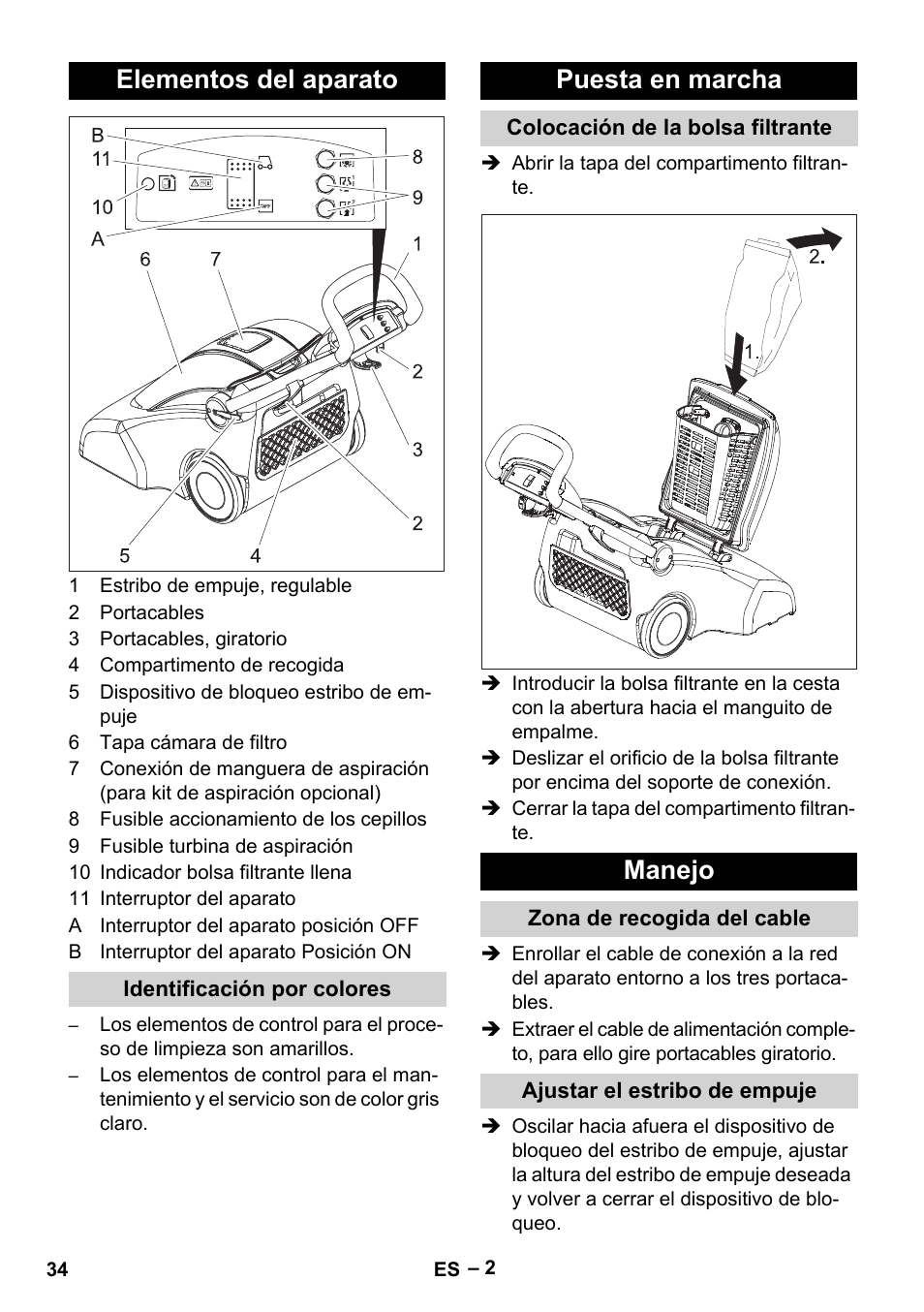 Elementos del aparato, Identificación por colores, Puesta en marcha | Colocación de la bolsa filtrante, Manejo, Zona de recogida del cable, Ajustar el estribo de empuje | Karcher CV 66-2 User Manual | Page 34 / 172