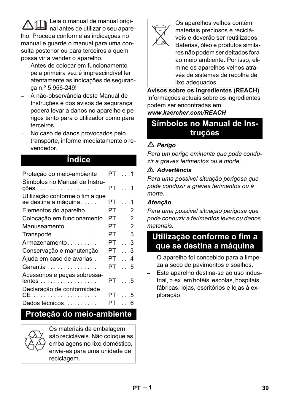 Português, Índice, Proteção do meio-ambiente | Símbolos no manual de instruções | Karcher CV 66-2 User Manual | Page 39 / 172