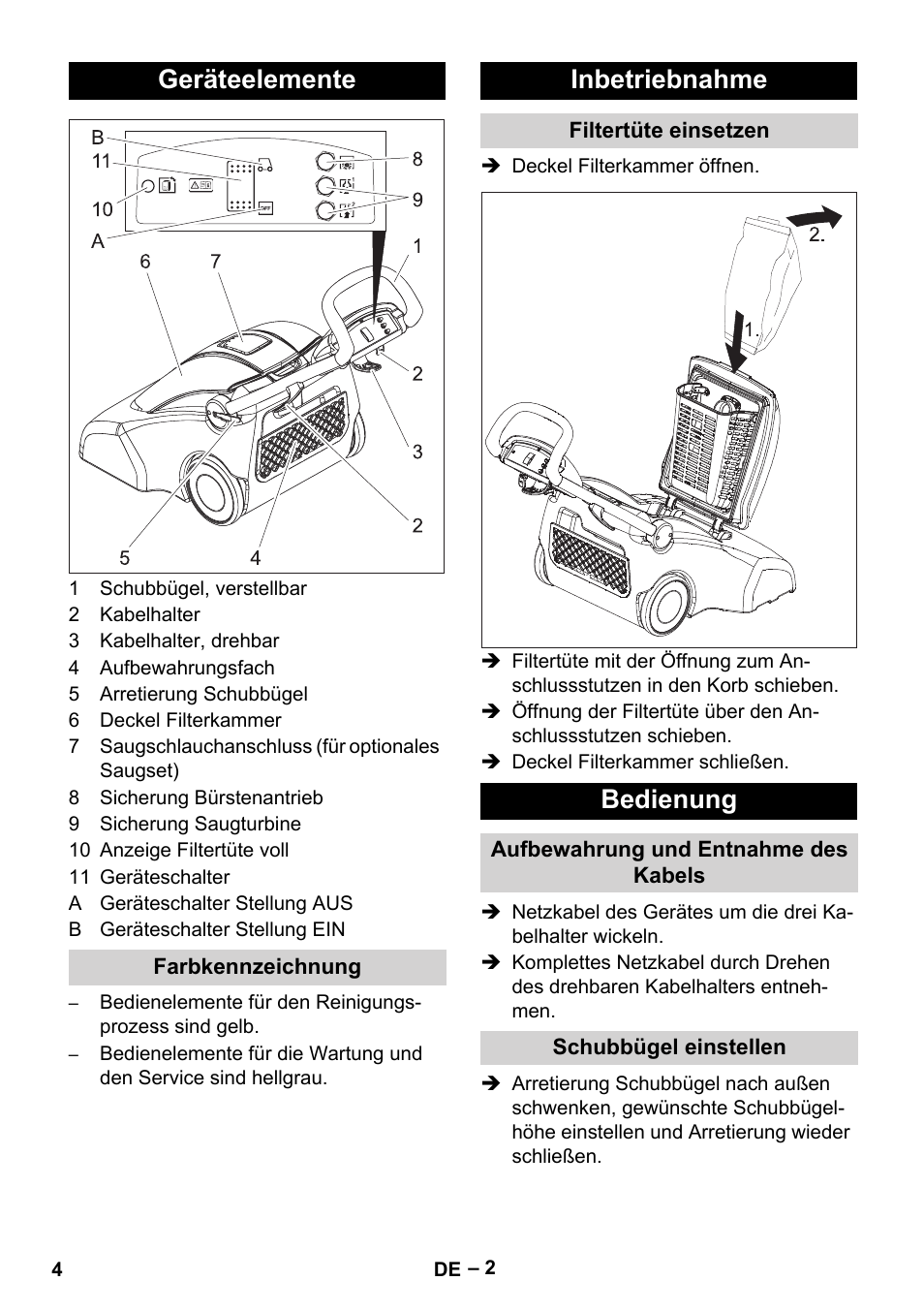 Geräteelemente, Farbkennzeichnung, Inbetriebnahme | Filtertüte einsetzen, Bedienung, Aufbewahrung und entnahme des kabels, Schubbügel einstellen | Karcher CV 66-2 User Manual | Page 4 / 172