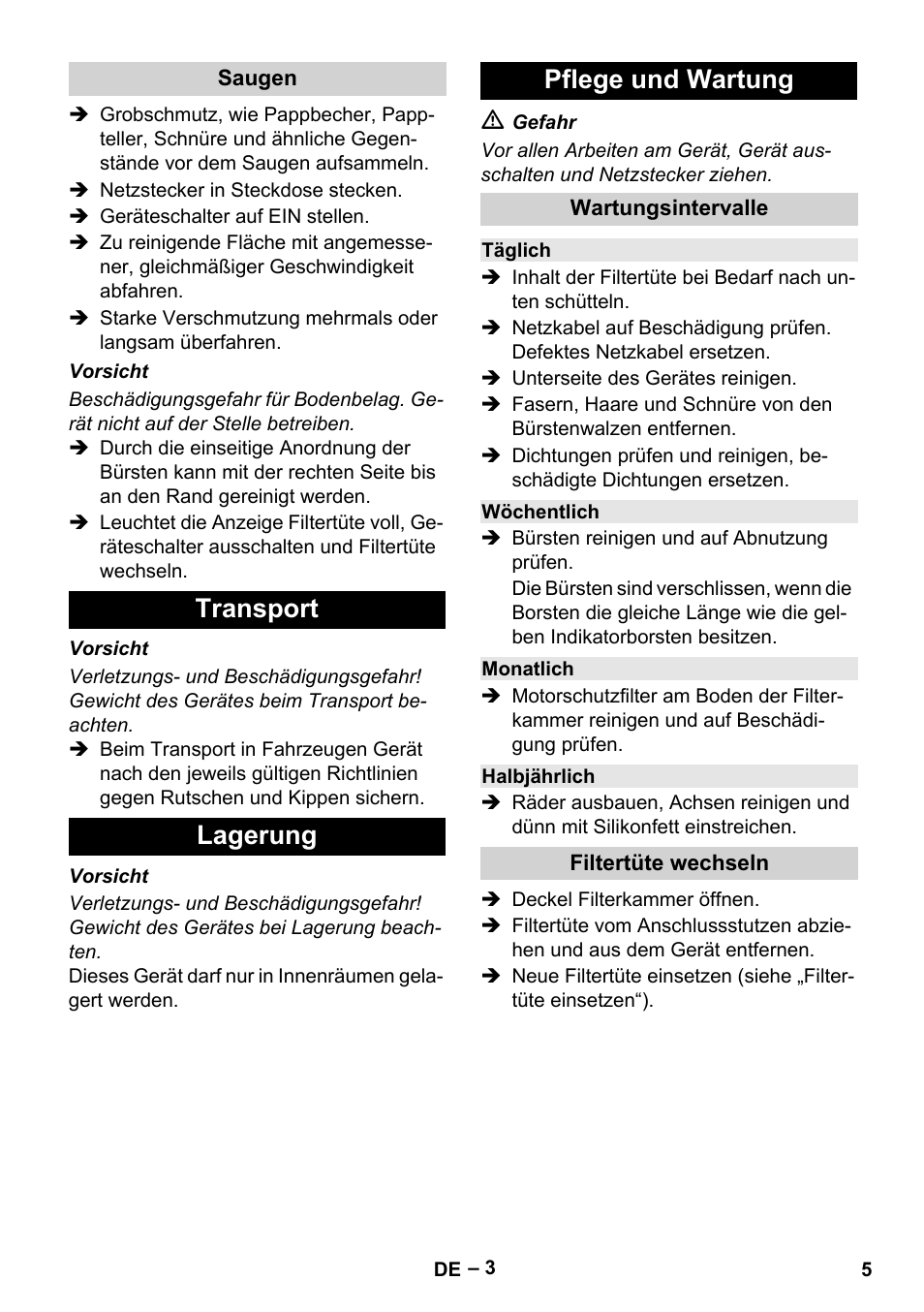 Saugen, Transport, Lagerung | Pflege und wartung, Wartungsintervalle, Täglich, Wöchentlich, Monatlich, Halbjährlich, Filtertüte wechseln | Karcher CV 66-2 User Manual | Page 5 / 172