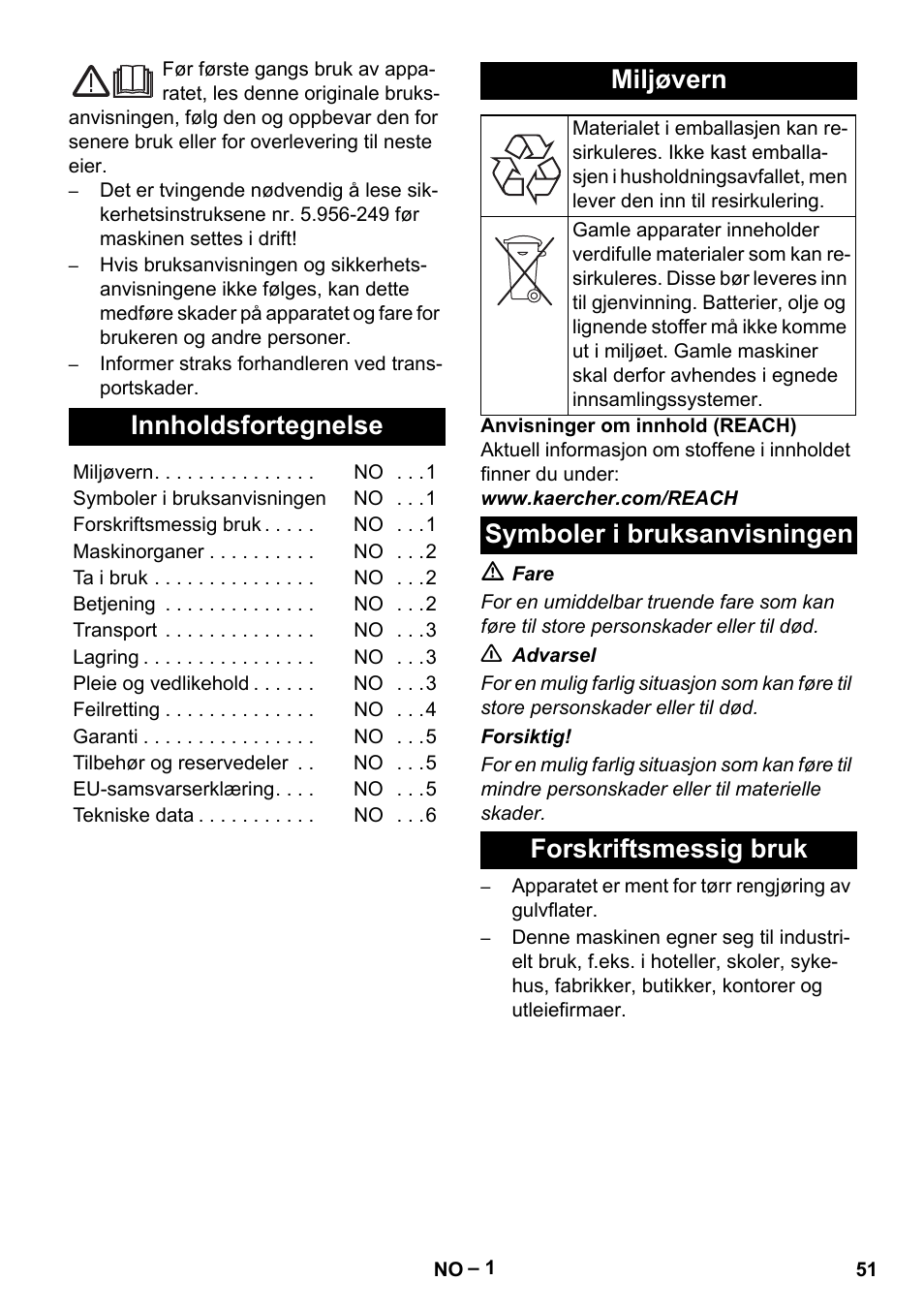 Norsk, Innholdsfortegnelse, Miljøvern | Symboler i bruksanvisningen, Forskriftsmessig bruk, Symboler i bruksanvisningen forskriftsmessig bruk | Karcher CV 66-2 User Manual | Page 51 / 172