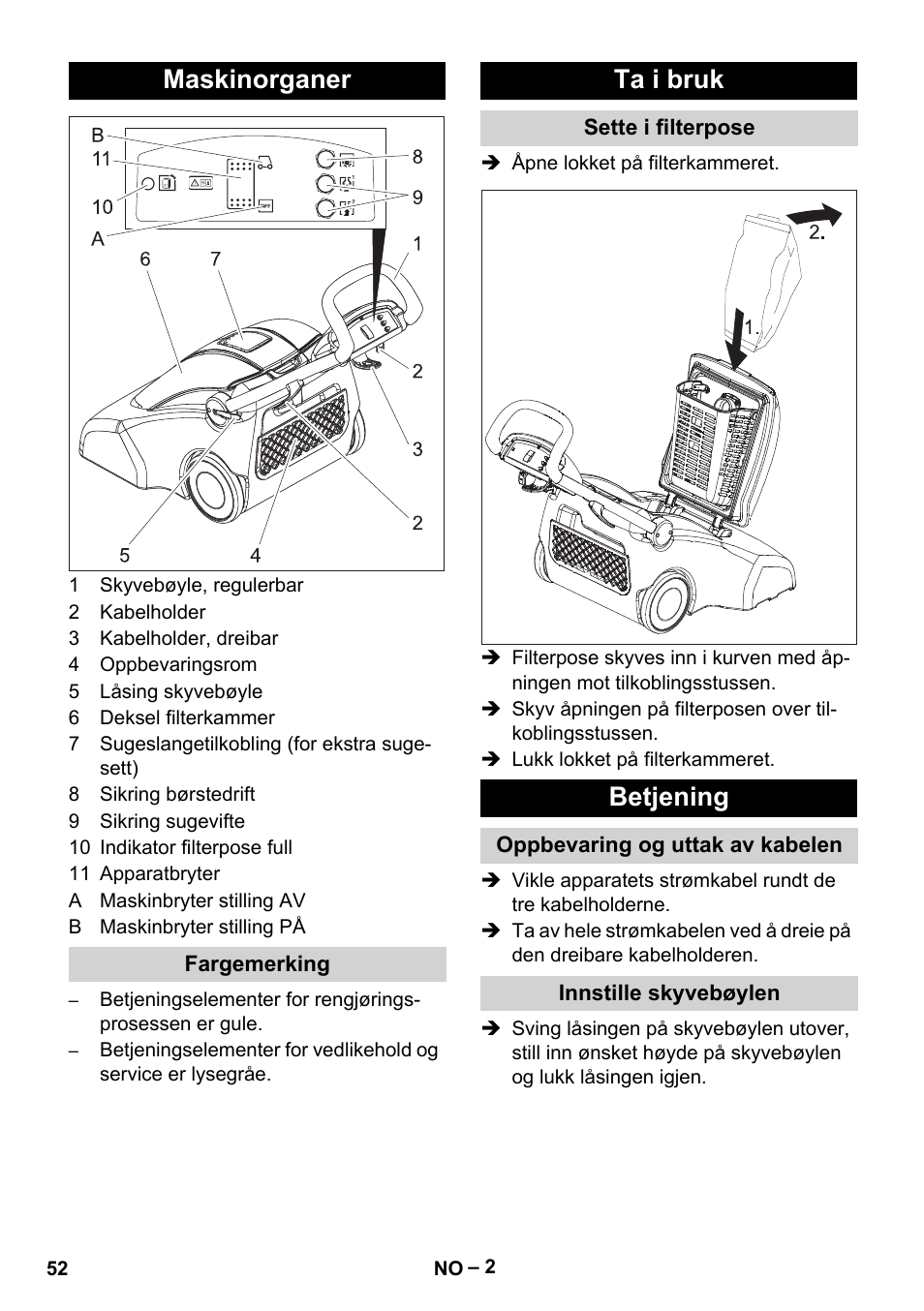 Maskinorganer, Fargemerking, Ta i bruk | Sette i filterpose, Betjening, Oppbevaring og uttak av kabelen, Innstille skyvebøylen | Karcher CV 66-2 User Manual | Page 52 / 172