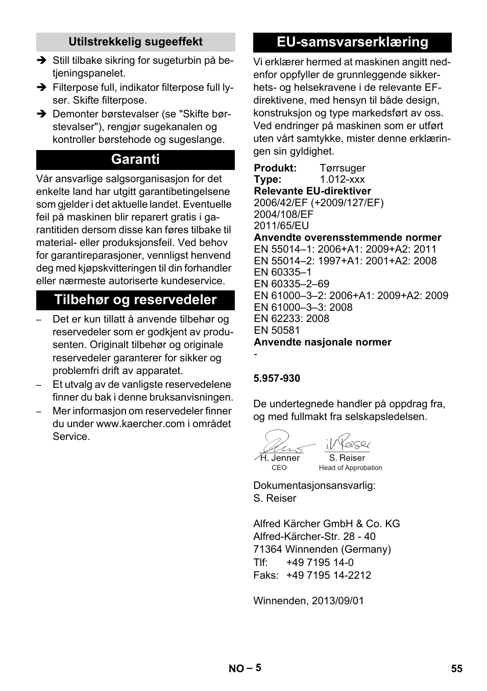 Utilstrekkelig sugeeffekt, Garanti, Tilbehør og reservedeler | Eu-samsvarserklæring | Karcher CV 66-2 User Manual | Page 55 / 172