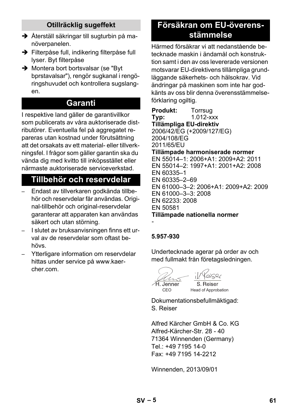 Otillräcklig sugeffekt, Garanti, Tillbehör och reservdelar | Försäkran om eu-överensstämmelse | Karcher CV 66-2 User Manual | Page 61 / 172