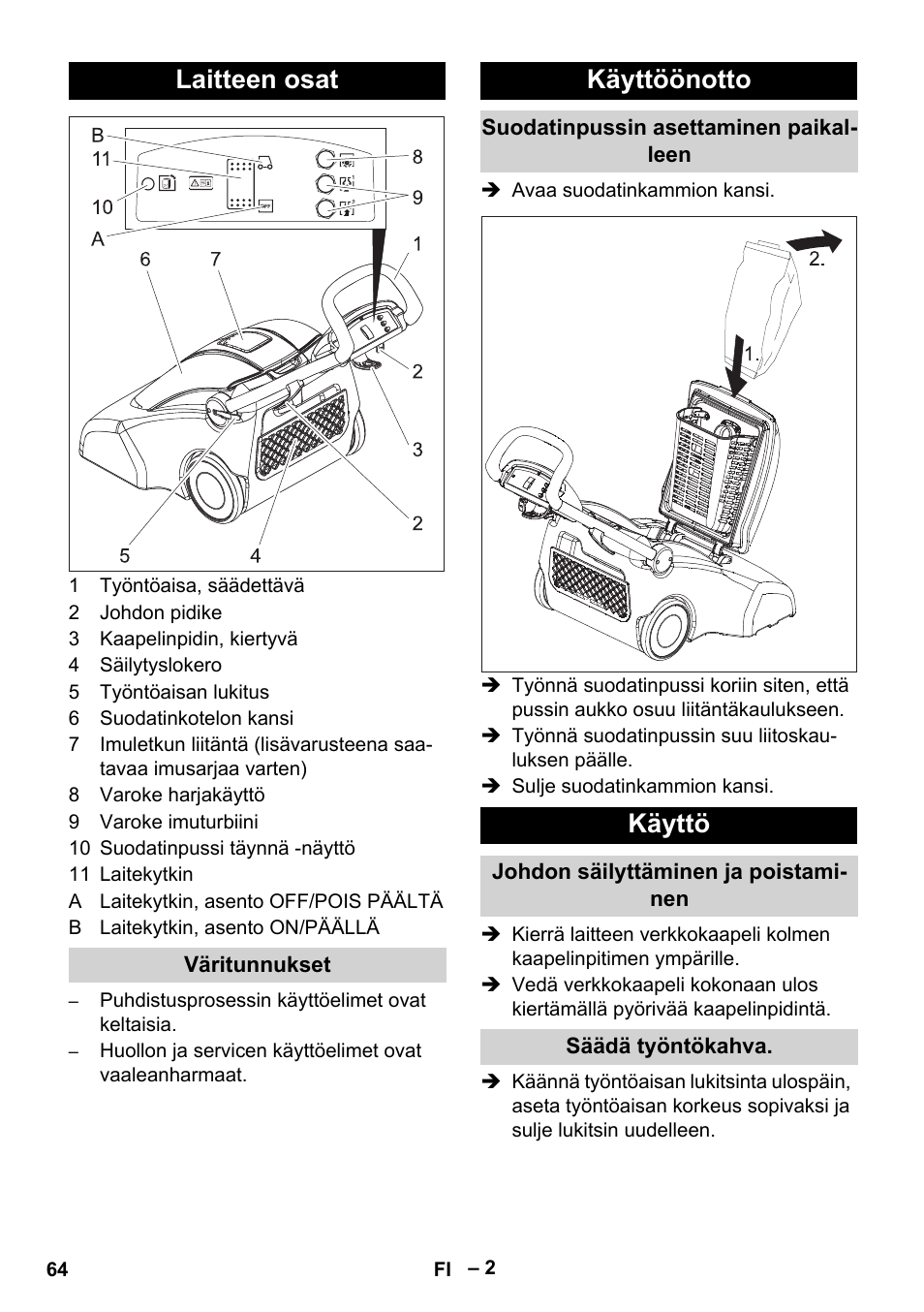 Laitteen osat, Väritunnukset, Käyttöönotto | Suodatinpussin asettaminen paikalleen, Käyttö, Johdon säilyttäminen ja poistaminen, Säädä työntökahva | Karcher CV 66-2 User Manual | Page 64 / 172