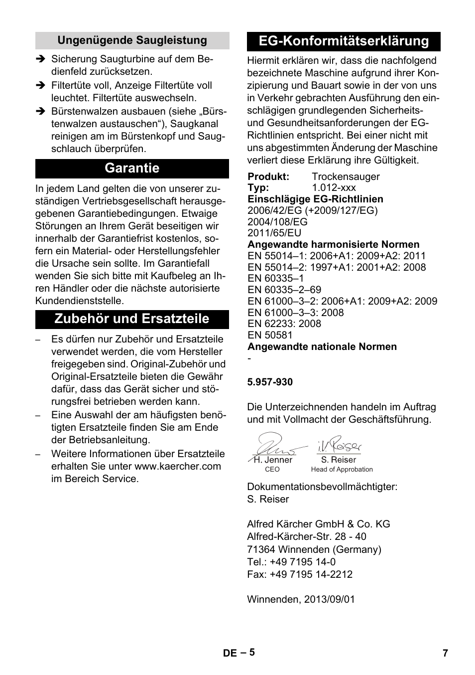 Ungenügende saugleistung, Garantie, Zubehör und ersatzteile | Eg-konformitätserklärung | Karcher CV 66-2 User Manual | Page 7 / 172