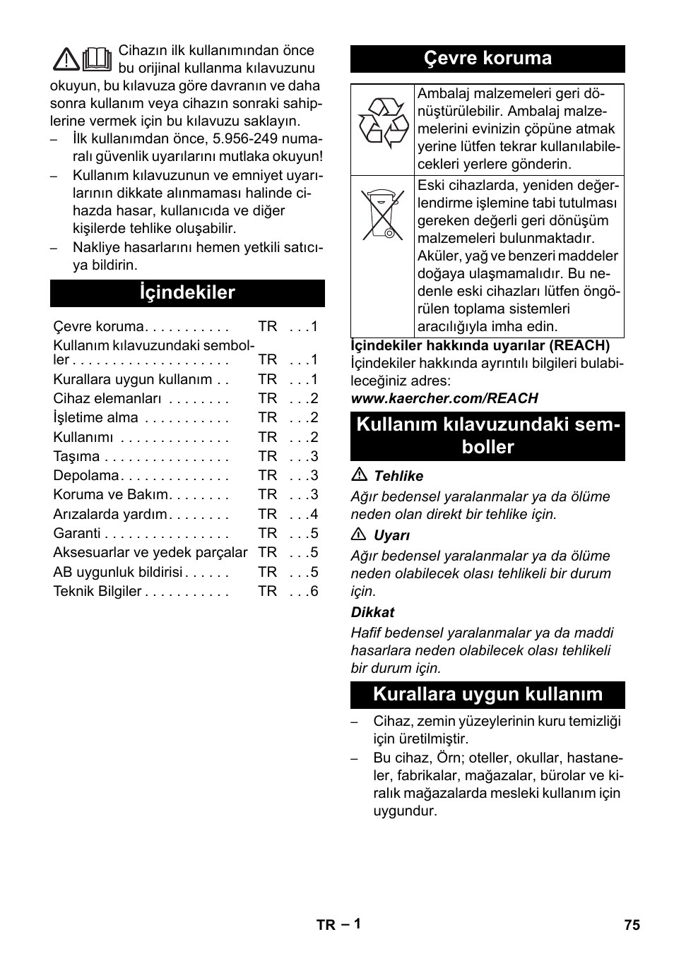 Türkçe, Içindekiler, Çevre koruma | Kullanım kılavuzundaki semboller, Kurallara uygun kullanım | Karcher CV 66-2 User Manual | Page 75 / 172