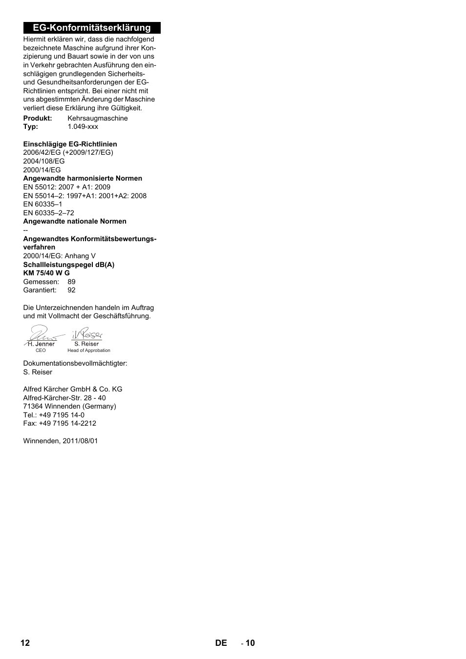 Eg-konformitätserklärung | Karcher KM 75-40 W P User Manual | Page 12 / 284