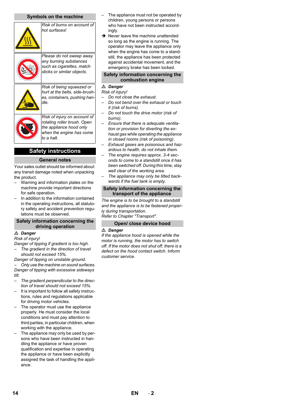 Symbols on the machine, Safety instructions, General notes | Open/ close device hood | Karcher KM 75-40 W P User Manual | Page 14 / 284