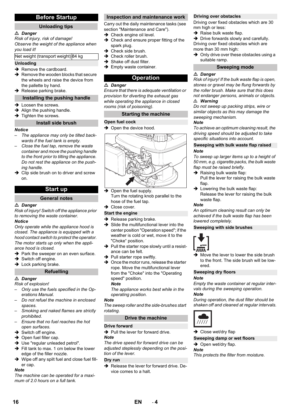 Before startup, Unloading tips, Unloading | Installing the pushing handle, Install side brush, Start up, General notes, Refuelling, Inspection and maintenance work, Operation | Karcher KM 75-40 W P User Manual | Page 16 / 284