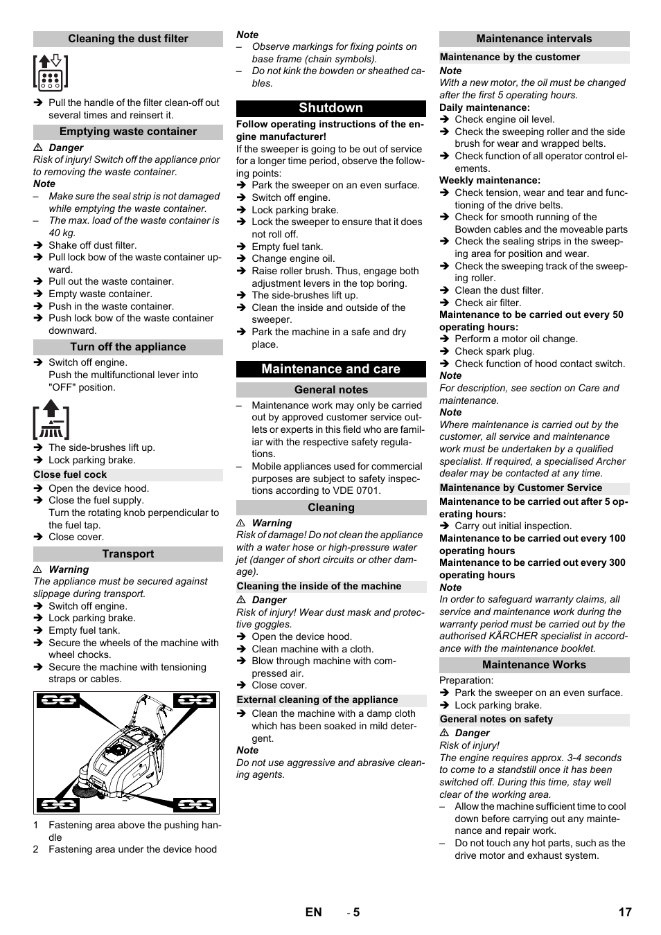 Cleaning the dust filter, Emptying waste container, Turn off the appliance | Close fuel cock, Transport, Shutdown, Maintenance and care, General notes, Cleaning, Cleaning the inside of the machine | Karcher KM 75-40 W P User Manual | Page 17 / 284