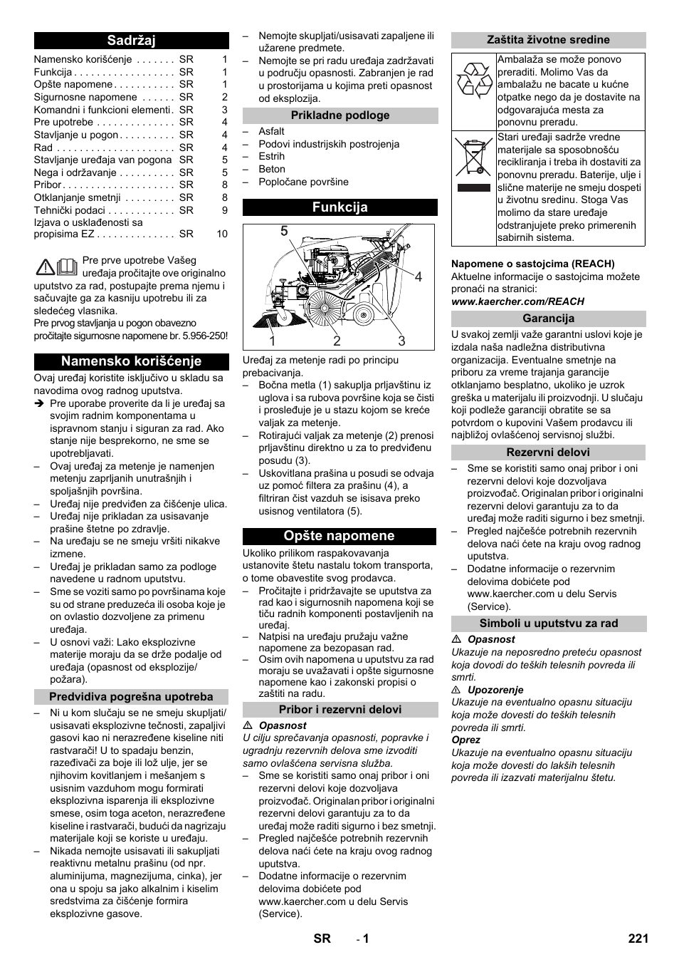 Srpski, Sadržaj, Namensko korišćenje | Predvidiva pogrešna upotreba, Prikladne podloge, Funkcija, Opšte napomene, Pribor i rezervni delovi, Zaštita životne sredine, Garancija | Karcher KM 75-40 W P User Manual | Page 221 / 284